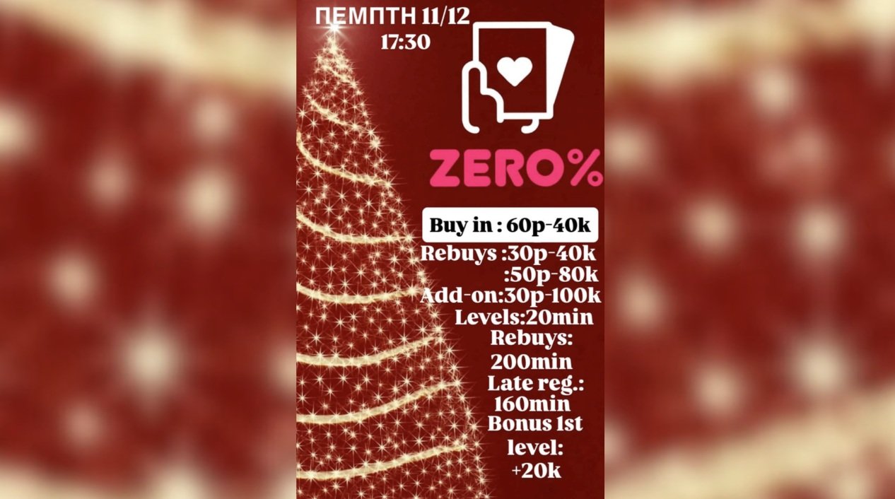 Zero% Poker Club: Με Χριστουγεννιάτικο κλίμα Σήμερα το τουρνουά που αναβλήθηκε την Τρίτη